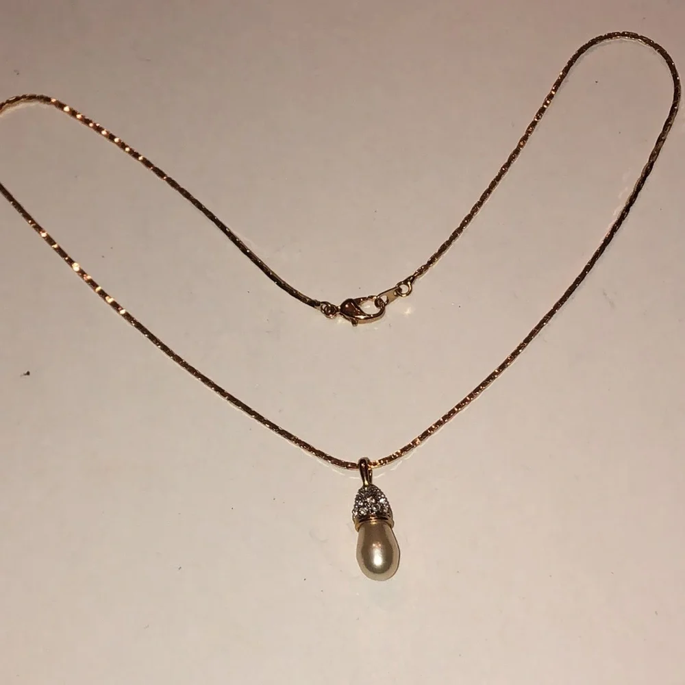 Crystaline Brand Gold Tone Faux Pearl CZ Rhinestone Pendant Necklace